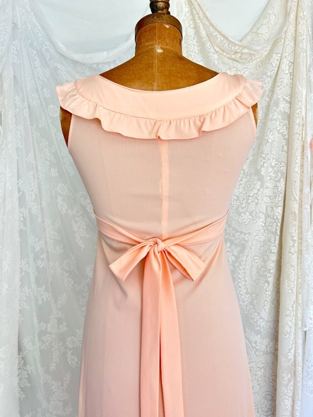 Vintage Peach Maxi Dress, Ruffle Neck Empire Waist, Romantic Bridesmaid Gown - Picture 4 of 9